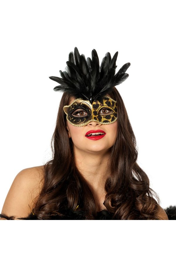 Masker panter met veren zwart