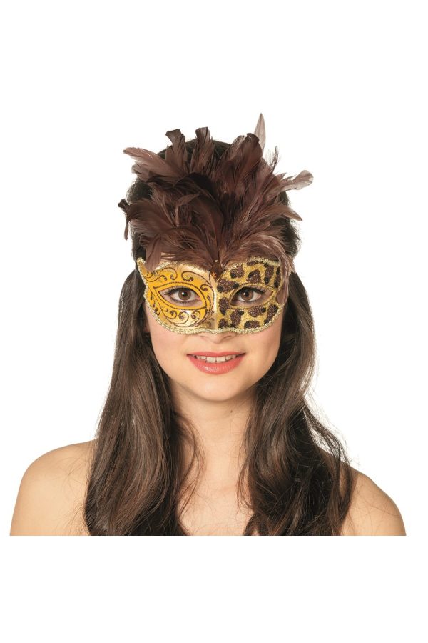 Masker panter met veren bruin